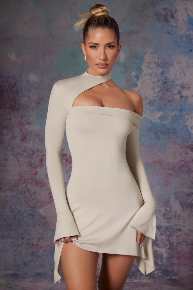 Oh Polly Katya Asymmetric High Neck Mini Dress N80H283 Stone