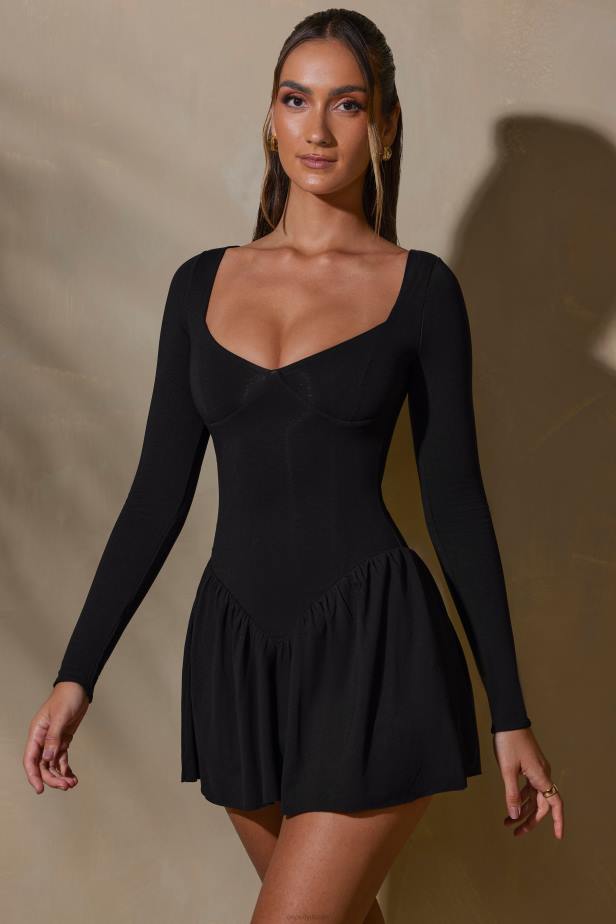 Oh Polly Keziah Long Sleeve Layered A-Line Mini Dress N80H126 Black
