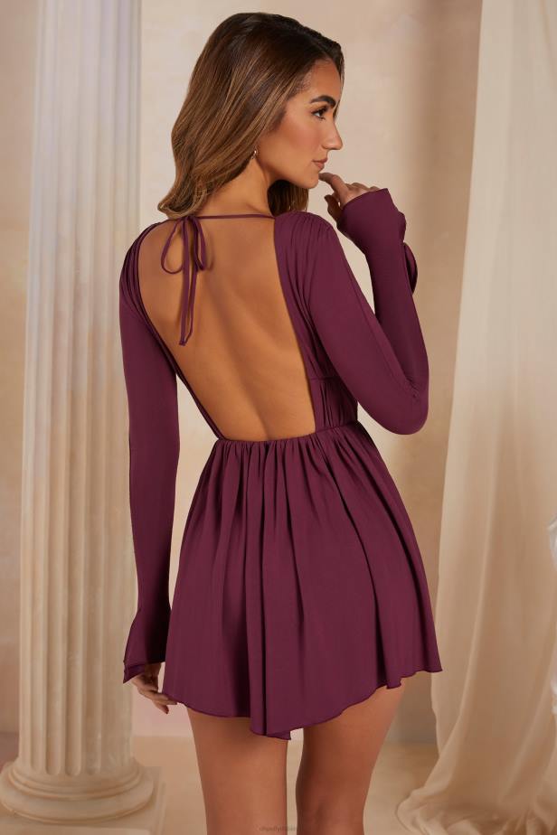 Oh Polly Lara A-Line Plunge Neck Long Sleeve Mini Dress N80H267 Plum