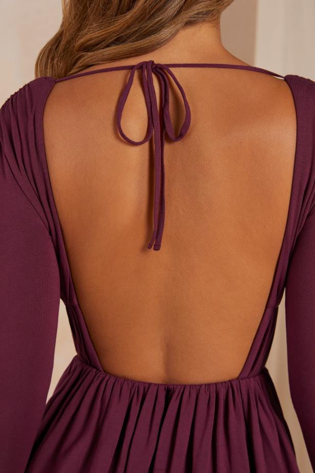 Oh Polly Lara A-Line Plunge Neck Long Sleeve Mini Dress N80H267 Plum