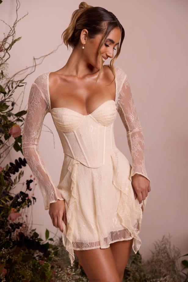 Oh Polly Ninette Long Sleeve Lace Corset Mini Dress N80H260 Ivory