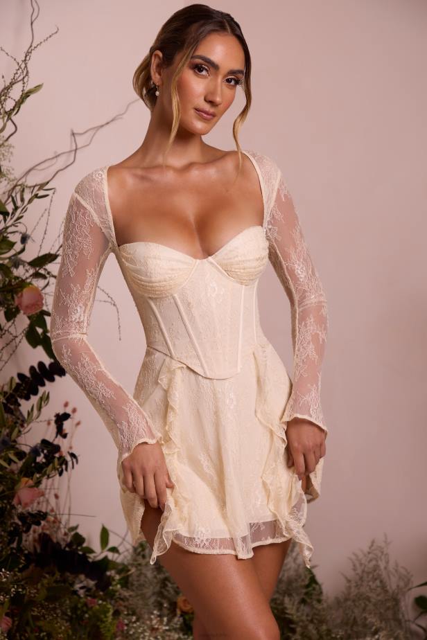 Oh Polly Ninette Long Sleeve Lace Corset Mini Dress N80H260 Ivory