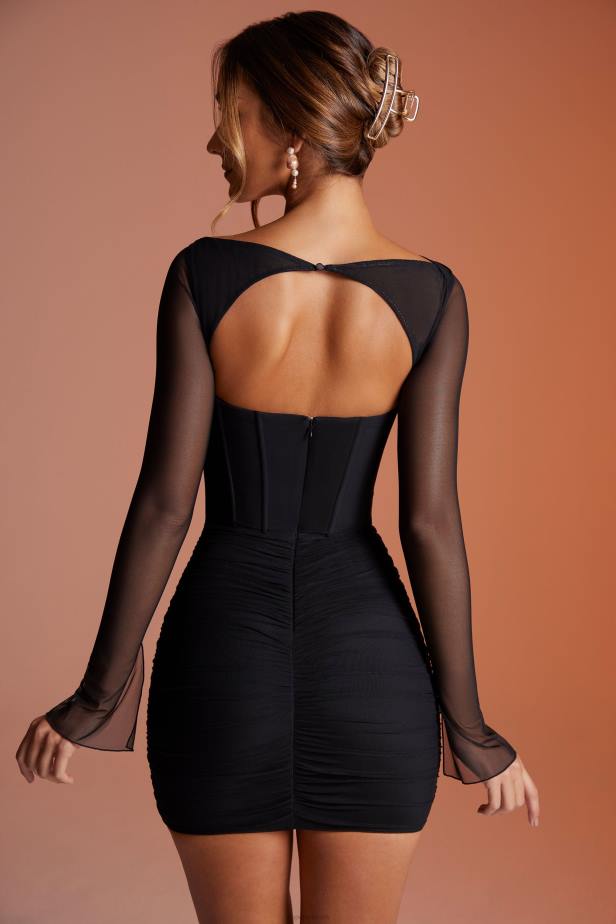 Oh Polly Nirvana Long Sleeved Ruched Mini Dress N80H148 Black