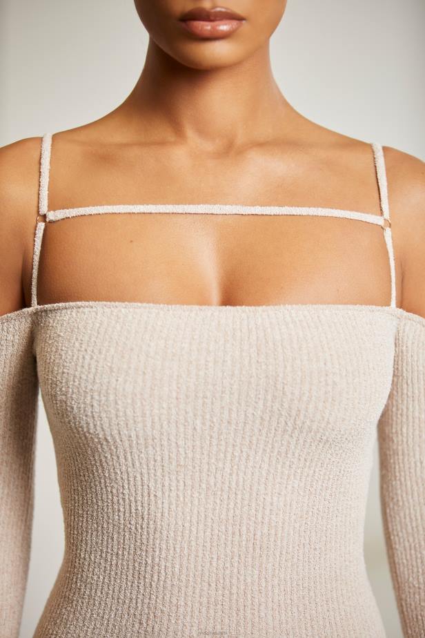 Oh Polly Nyssa Cold Shoulder Long Sleeve Mini Dress N80H102 Beige