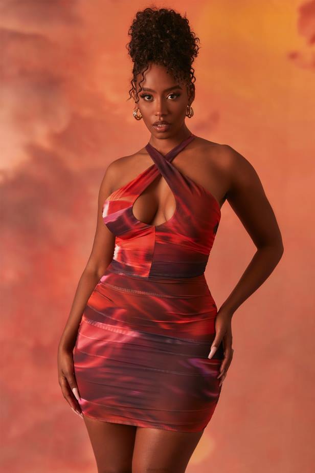 Oh Polly Out Of This World Crossover Ruched Mesh Mini Dress N80H513 Orange