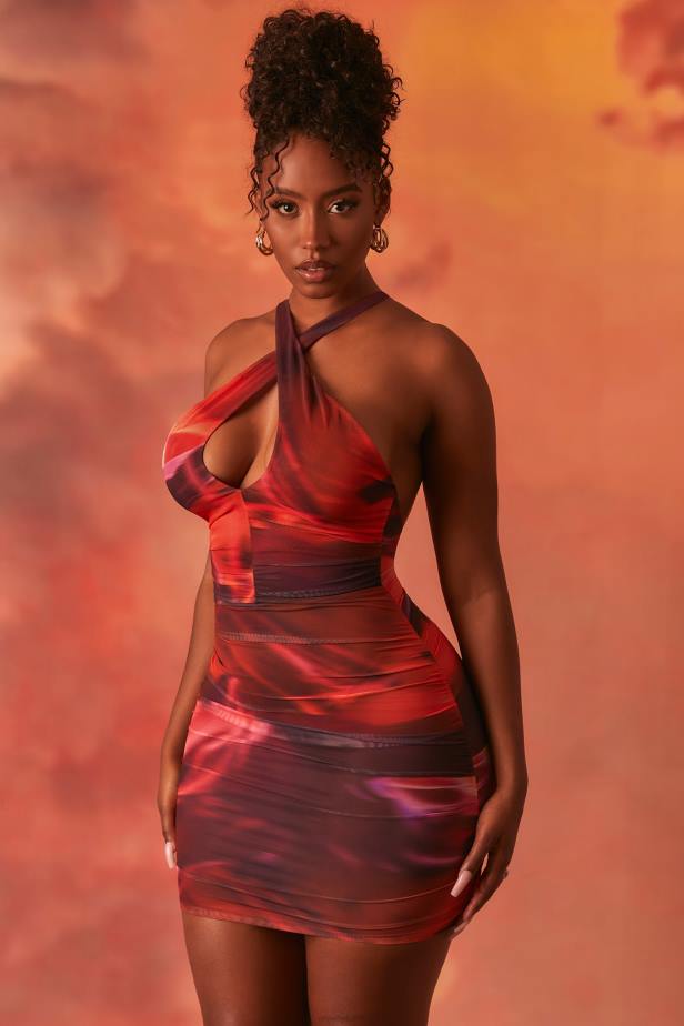 Oh Polly Out Of This World Crossover Ruched Mesh Mini Dress N80H513 Orange