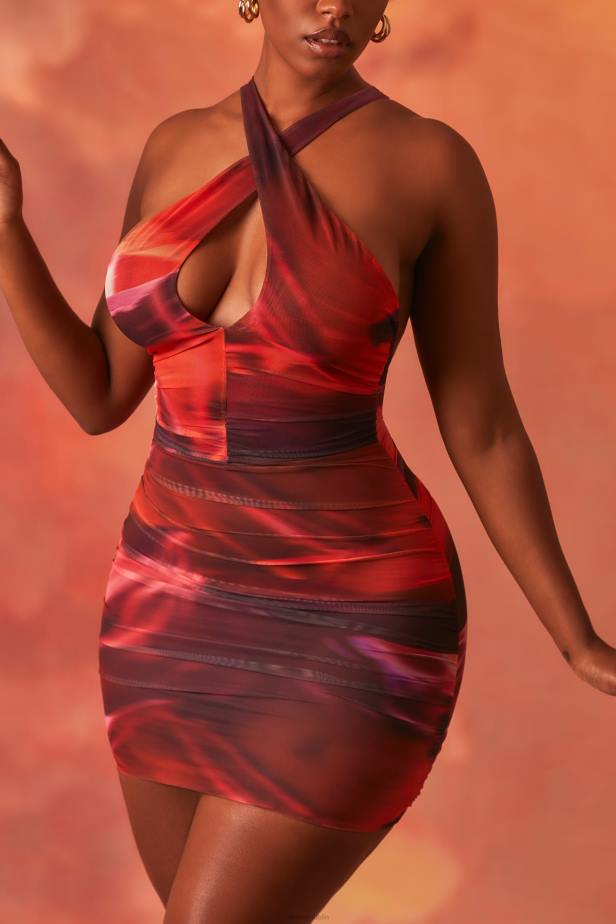 Oh Polly Out Of This World Crossover Ruched Mesh Mini Dress N80H513 Orange