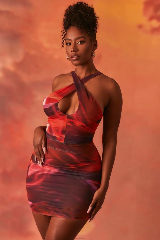 Oh Polly Out Of This World Crossover Ruched Mesh Mini Dress N80H513 Orange