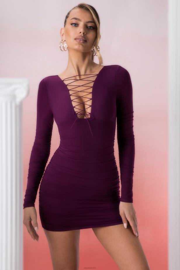 Oh Polly Pragma Lace Up Long Sleeve Mini Dress N80H428 Wine