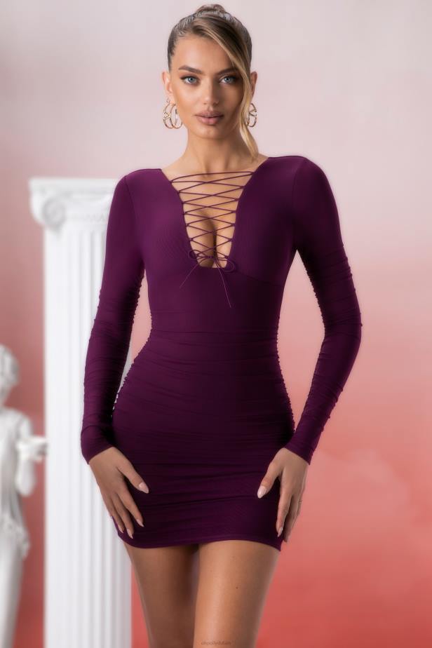 Oh Polly Pragma Lace Up Long Sleeve Mini Dress N80H428 Wine
