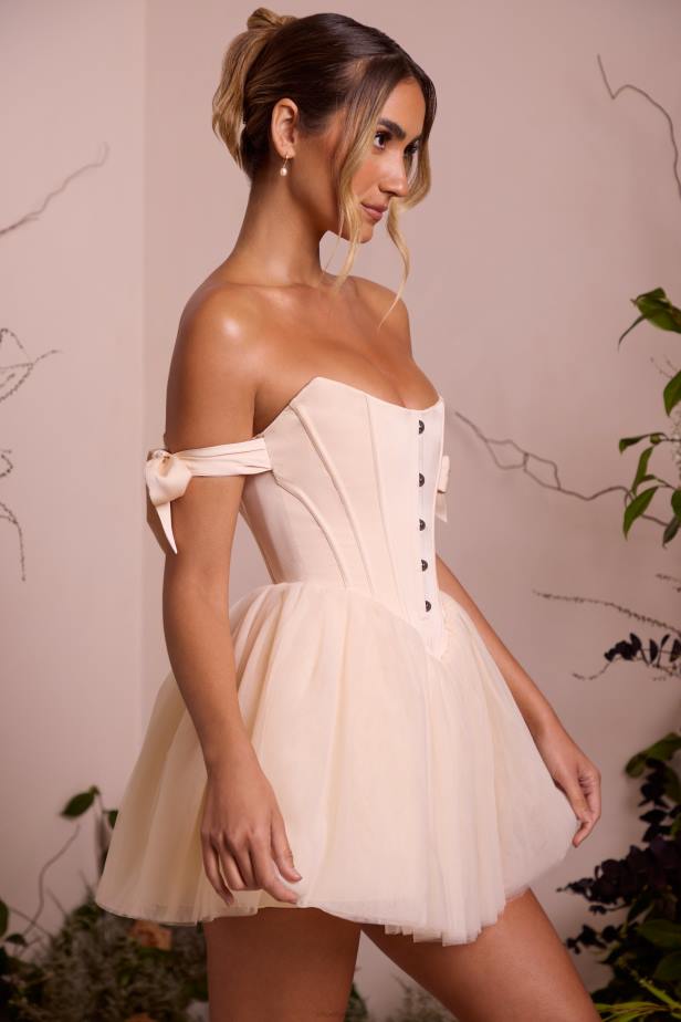 Oh Polly Reine Off Shoulder Tulle Skirt Mini Dress N80H261 Ivory