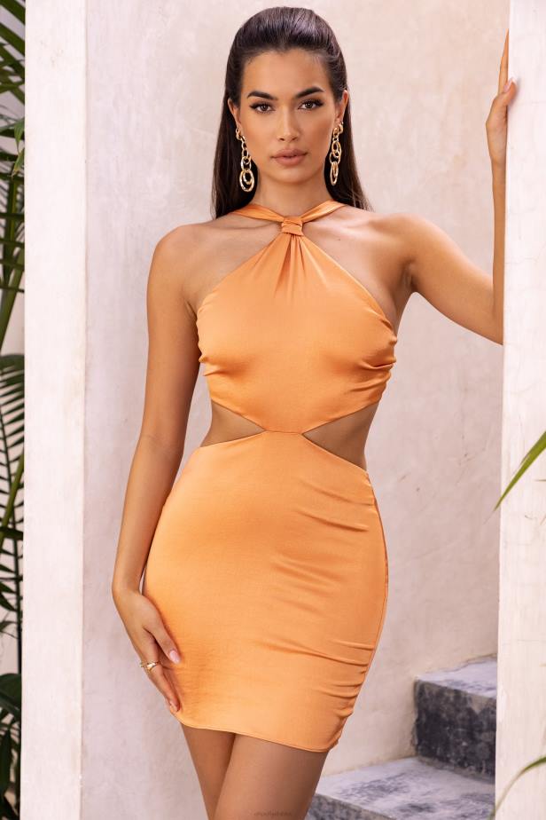 Oh Polly Sunshine Solitude Knot Detail Halter Neck Satin Mini Dress N80H503 Caramel
