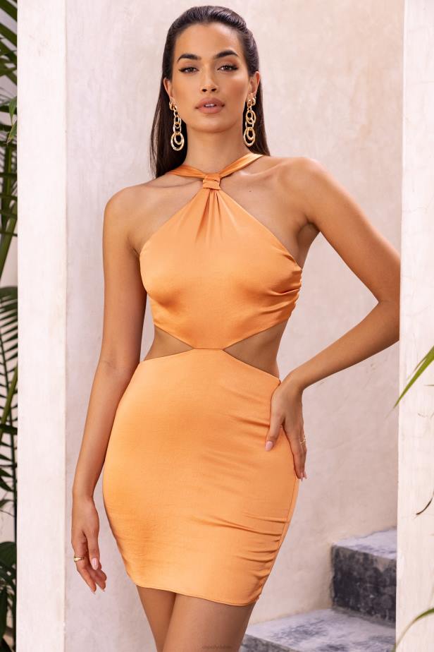 Oh Polly Sunshine Solitude Knot Detail Halter Neck Satin Mini Dress N80H503 Caramel