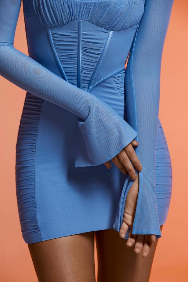 Oh Polly Tasnim Long Sleeve Ruched Mini Dress N80H168 Blue