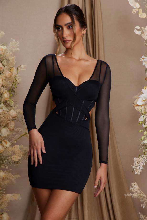 Oh Polly Taylor Long Sleeve Layered Corset Mini Dress N80H272 Black