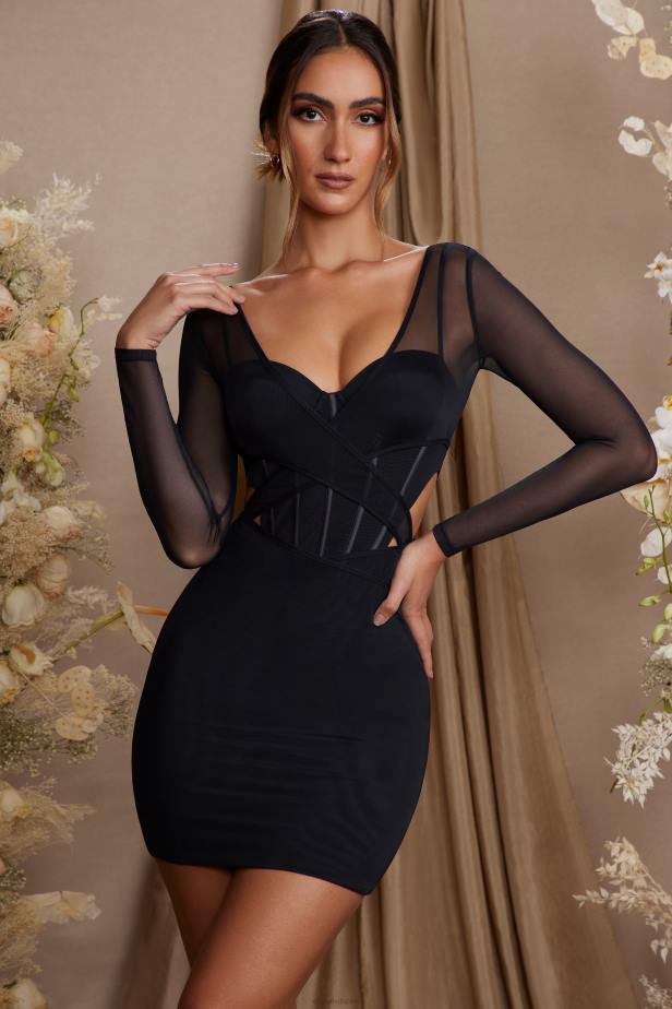 Oh Polly Taylor Long Sleeve Layered Corset Mini Dress N80H272 Black