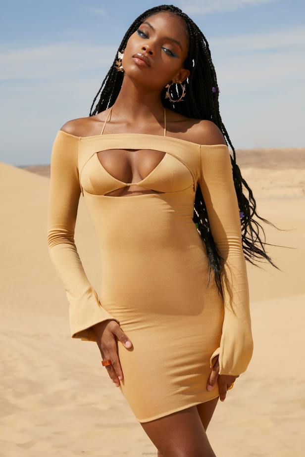 Oh Polly Warm Sands Off The Shoulder Cut Out Mini Dress N80H183 Beige