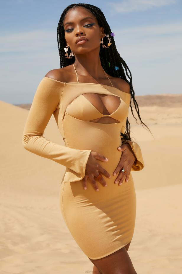 Oh Polly Warm Sands Off The Shoulder Cut Out Mini Dress N80H183 Beige