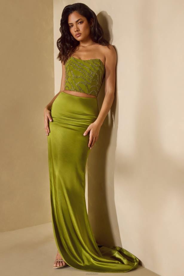 Oh Polly Amara High Slit Gown Length Skirt with Train N80H773 Olive