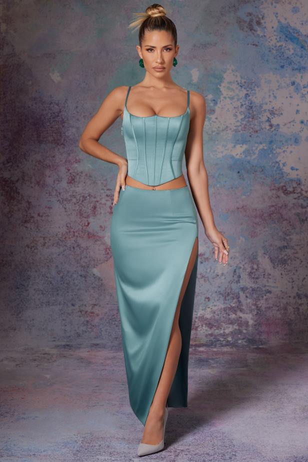 Oh Polly Dawson Side Split Satin Maxi Skirt N80H799 Light Teal