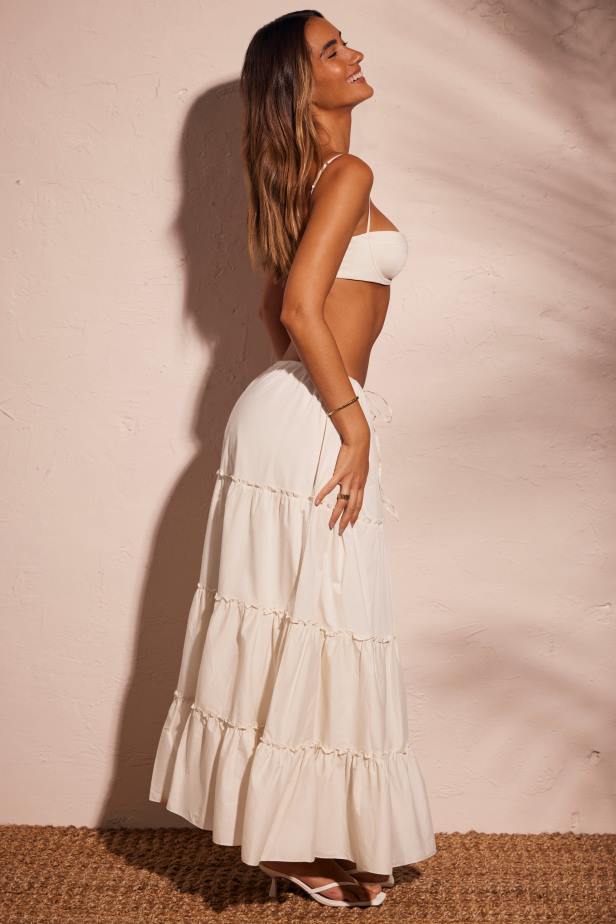 Oh Polly Electra Ruched Panelled Cotton Maxi Skirt N80H741 Ecru