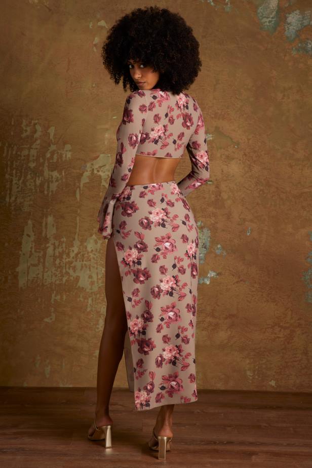 Oh Polly Lale Side Split Midaxi Skirt N80H802 Beige Print