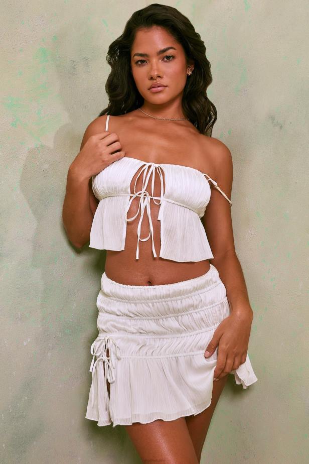 Oh Polly Arlet Shirred Thigh High Split Mid Rise Mini Skirt N80H739 White