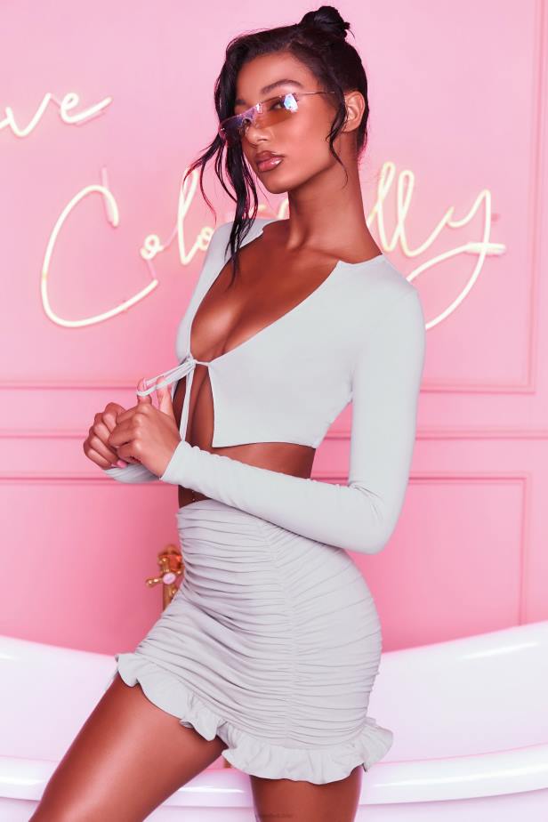 Oh Polly Here For The Frill Ruched Bodycon Mini Skirt N80H846 Grey