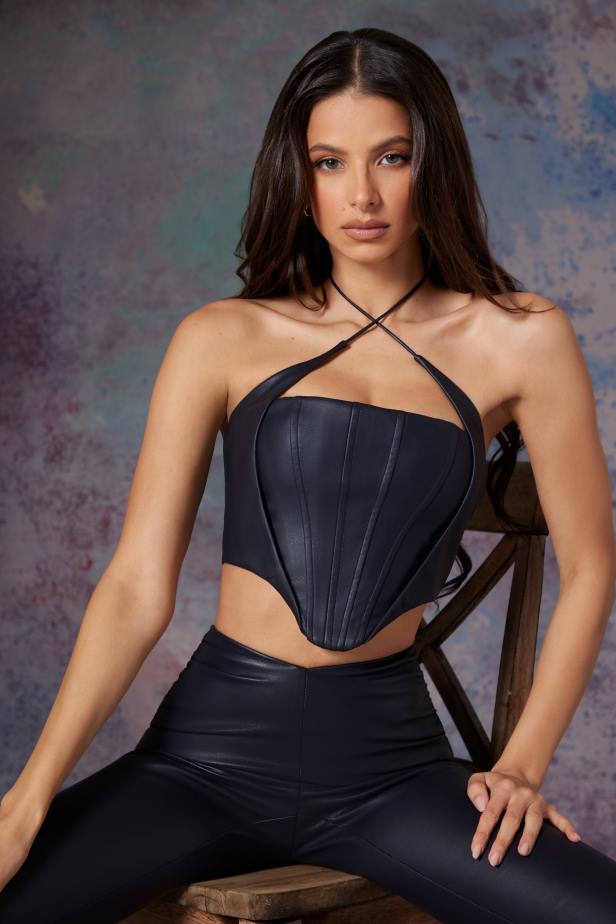 Oh Polly Amdis Vegan Leather Corset Crop Top N80H624 Midnight Black