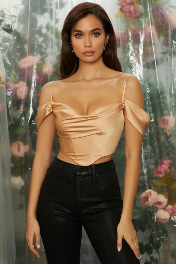 Oh Polly Breathless Off The Shoulder Cowl Neck Corset Crop Top N80H709 Beige