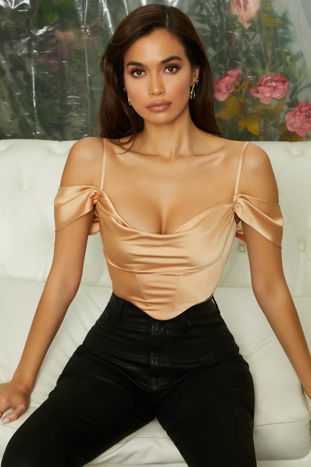 Oh Polly Breathless Off The Shoulder Cowl Neck Corset Crop Top N80H709 Beige