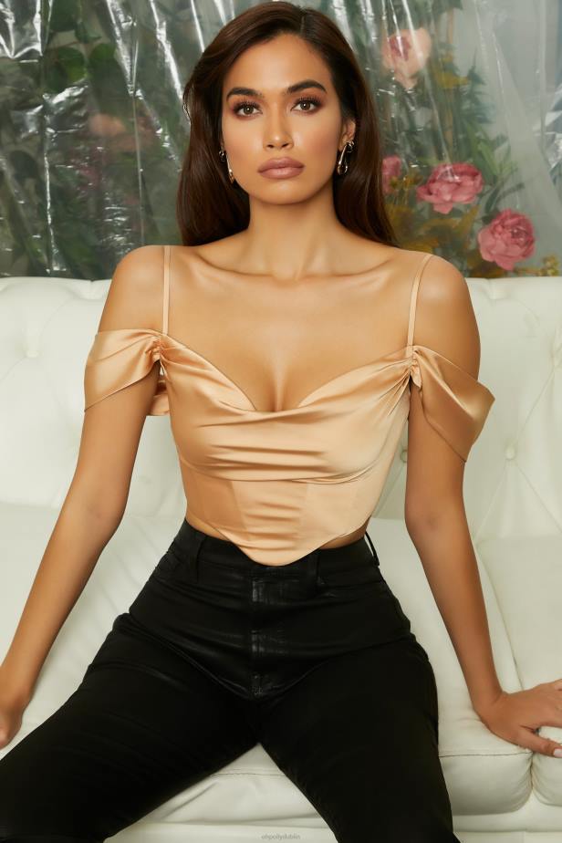Oh Polly Breathless Off The Shoulder Cowl Neck Corset Crop Top N80H709 Beige