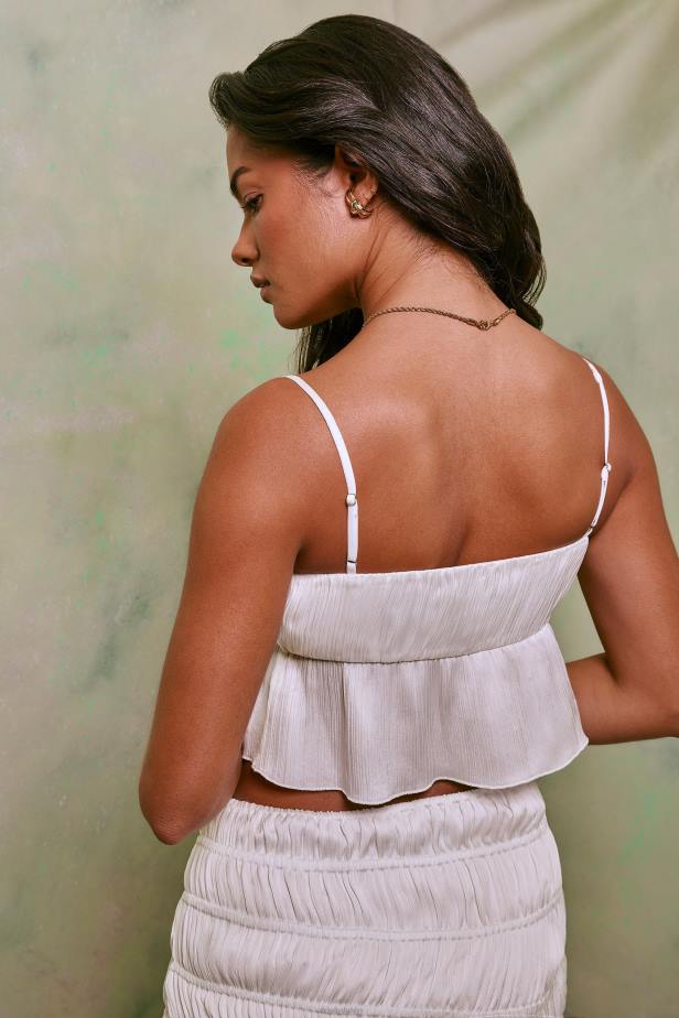 Oh Polly Dina Shirred Tie Up Front Crop Top N80H573 White