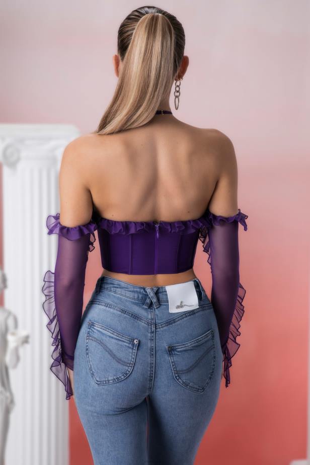 Oh Polly Filia Frill Detail Cowl Neck Crop Top N80H694 Violet