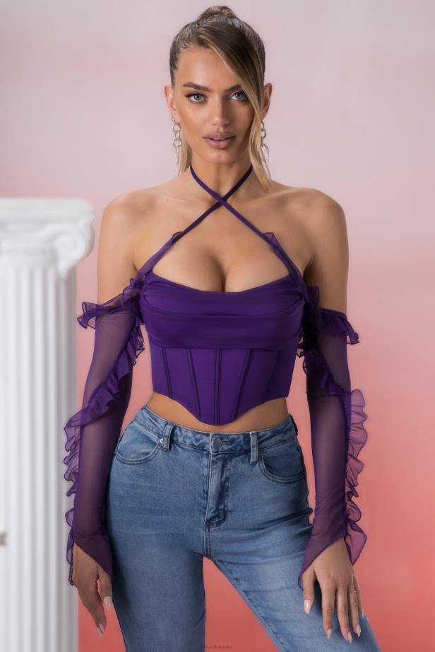 Oh Polly Filia Frill Detail Cowl Neck Crop Top N80H694 Violet