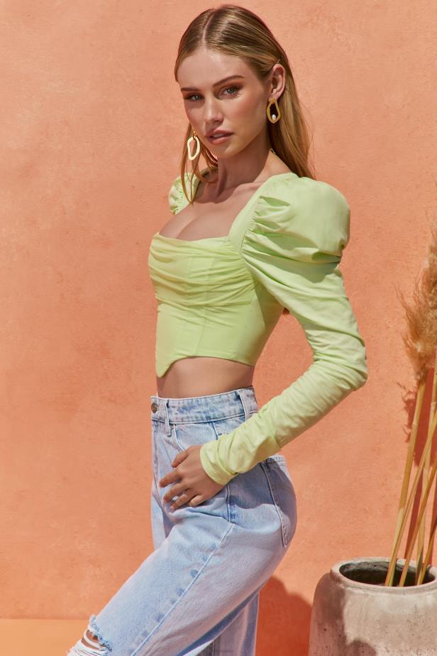 Oh Polly Good Life Puff Shoulder Crop Top N80H702 Lime
