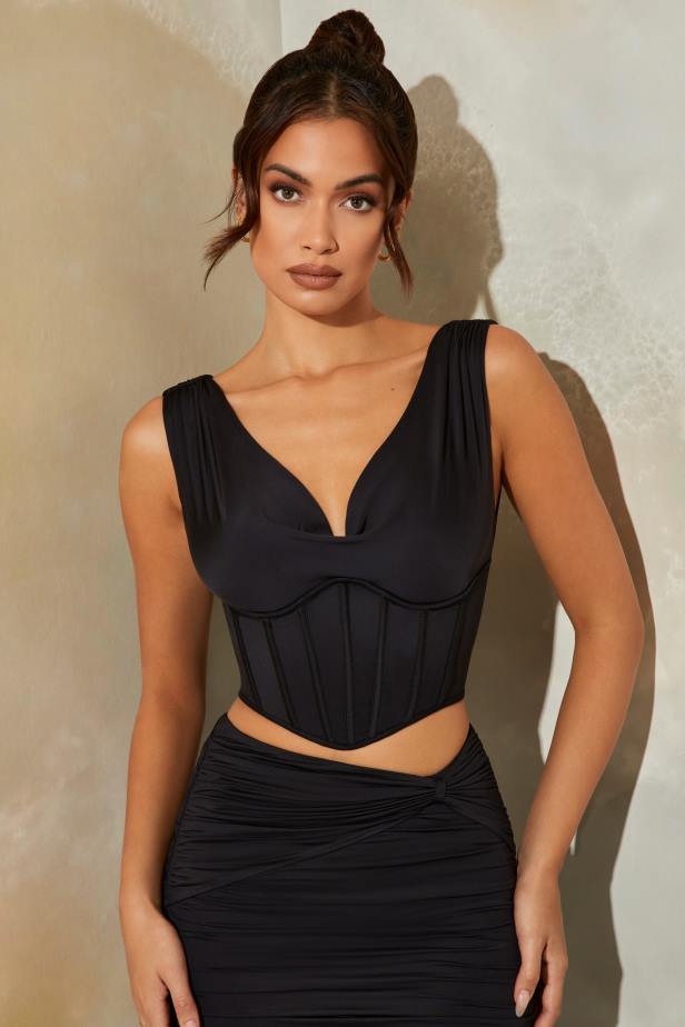 Oh Polly Haze Plunge Neck Corset Crop Top N80H680 Black