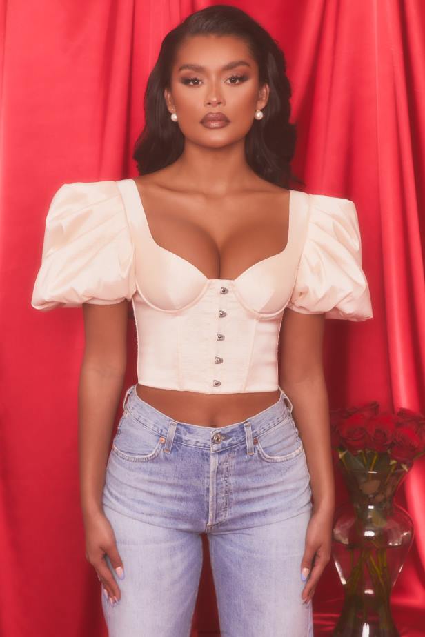 Oh Polly Heavenly Short Puff Sleeve Corset Crop Top N80H511 Oyster White