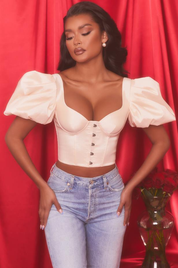 Oh Polly Heavenly Short Puff Sleeve Corset Crop Top N80H511 Oyster White
