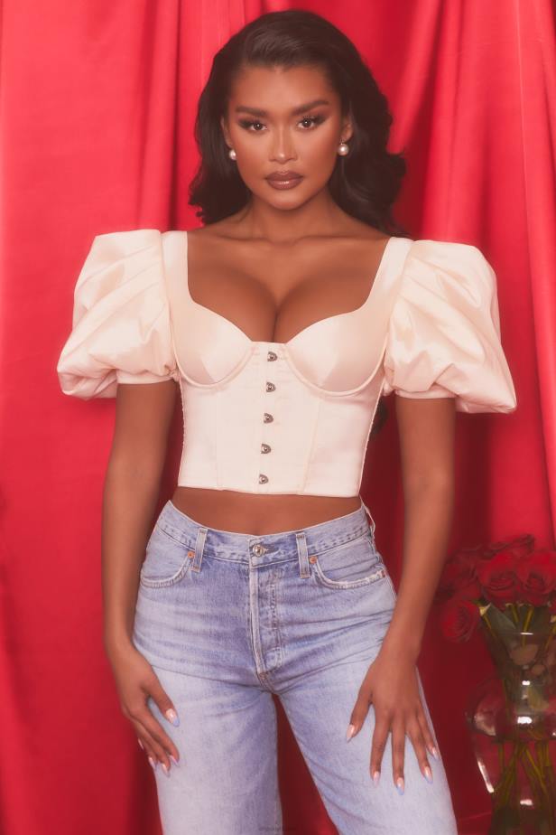 Oh Polly Heavenly Short Puff Sleeve Corset Crop Top N80H511 Oyster White