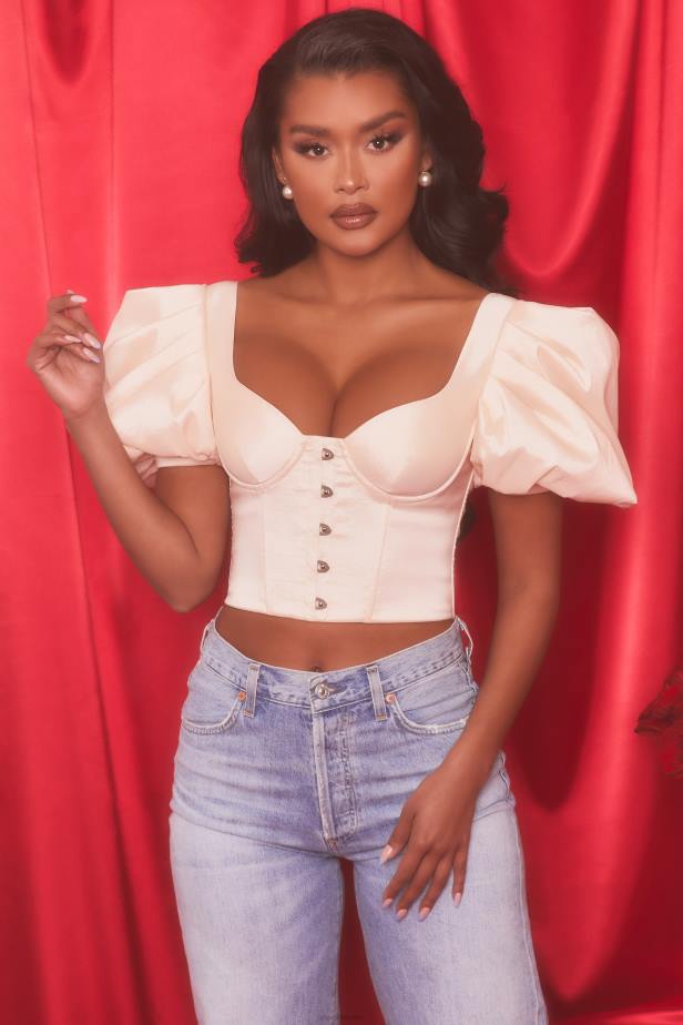 Oh Polly Heavenly Short Puff Sleeve Corset Crop Top N80H511 Oyster White