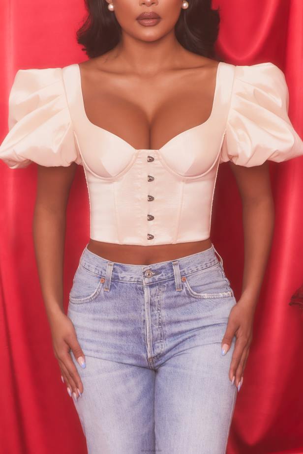 Oh Polly Heavenly Short Puff Sleeve Corset Crop Top N80H511 Oyster White