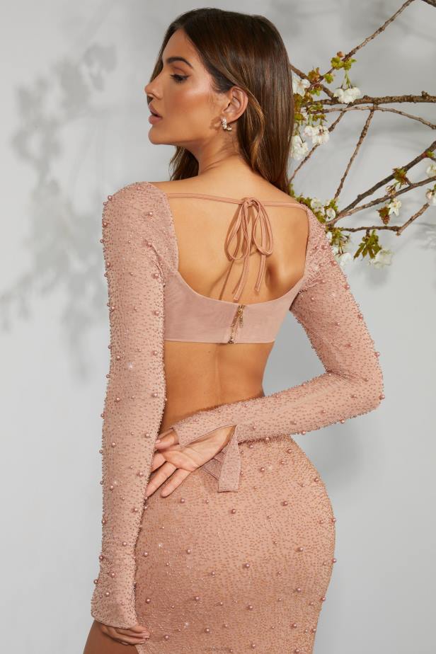 Oh Polly La Desirade Embellished Cowl Neck Crop Top N80H581 Beige