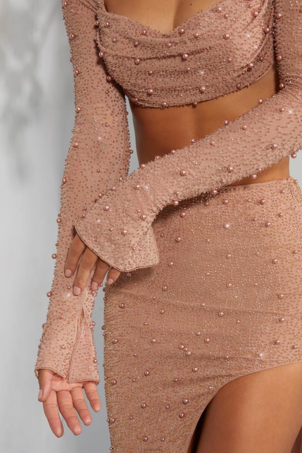 Oh Polly La Desirade Embellished Cowl Neck Crop Top N80H581 Beige