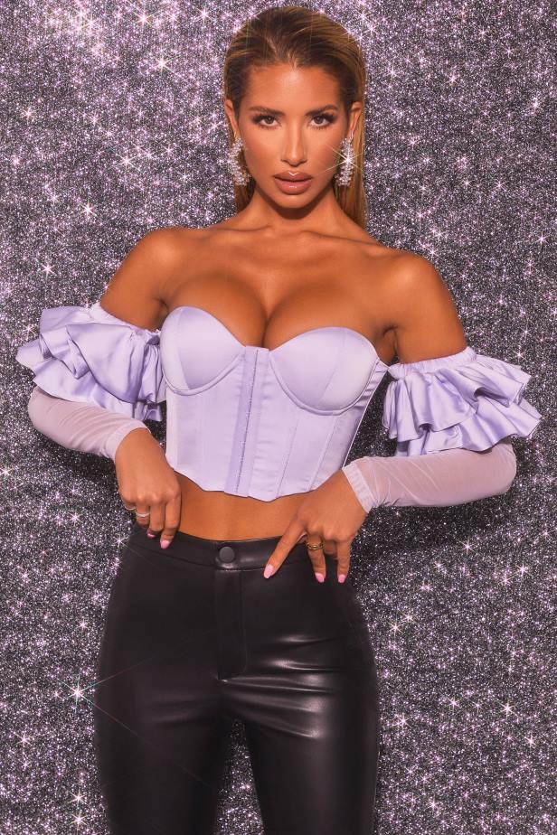 Oh Polly Love Charm Bardot Long Ruffle Sleeve Corset Crop Top N80H685 Lilac