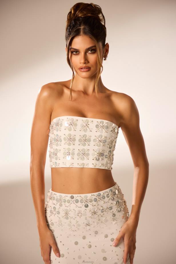 Oh Polly Maia Hand Embellished Bandeau Corset Crop Top N80H599 Ivory
