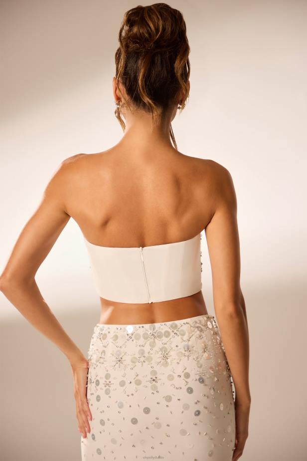 Oh Polly Maia Hand Embellished Bandeau Corset Crop Top N80H599 Ivory
