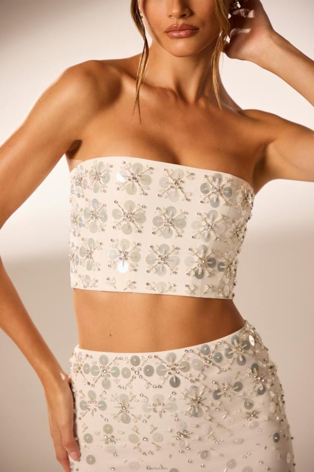 Oh Polly Maia Hand Embellished Bandeau Corset Crop Top N80H599 Ivory