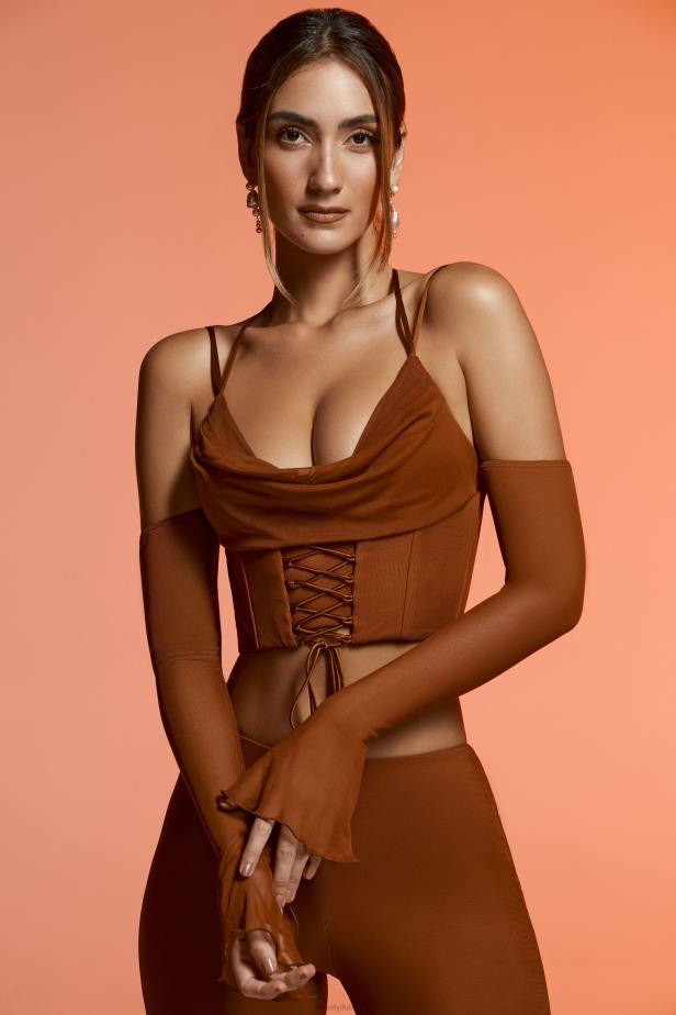 Oh Polly Minu Long Sleeve Cold Shoulder Crop Top N80H634 Brown