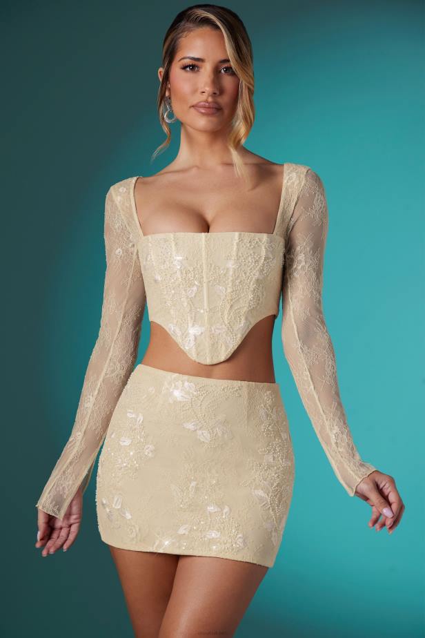 Oh Polly Neve Long Sleeve Embellished Lace Corset Crop Top N80H621 Ivory